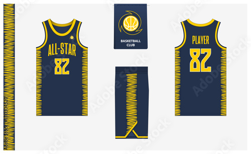 Basketball uniform mockup template design for sport club. Basketball jersey, basketball shorts in front and back view. Basketball logo design. 