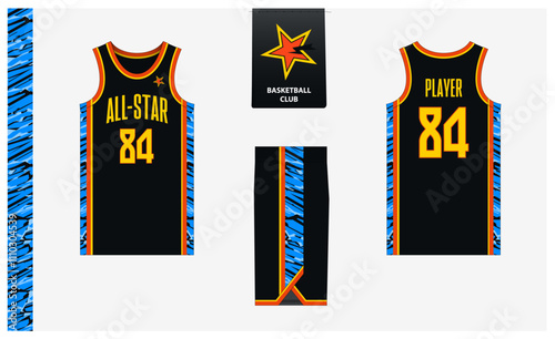 Basketball uniform mockup template design for sport club. Basketball jersey, basketball shorts in front and back view. Basketball logo design. 