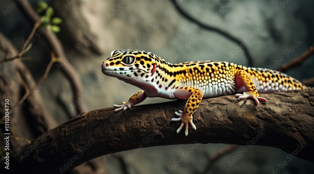 Naklejka premium Leopard Gecko on Twigs: A Cinematic Nature Portrait