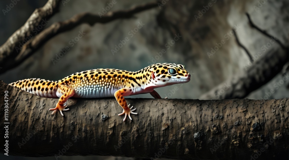 Obraz premium Leopard Gecko on Twigs: A Cinematic Nature Portrait