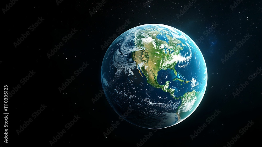 Fototapeta premium A vibrant view of Earth from space, showcasing its blue oceans, green landmasses, and swirling clouds against a dark starry background.