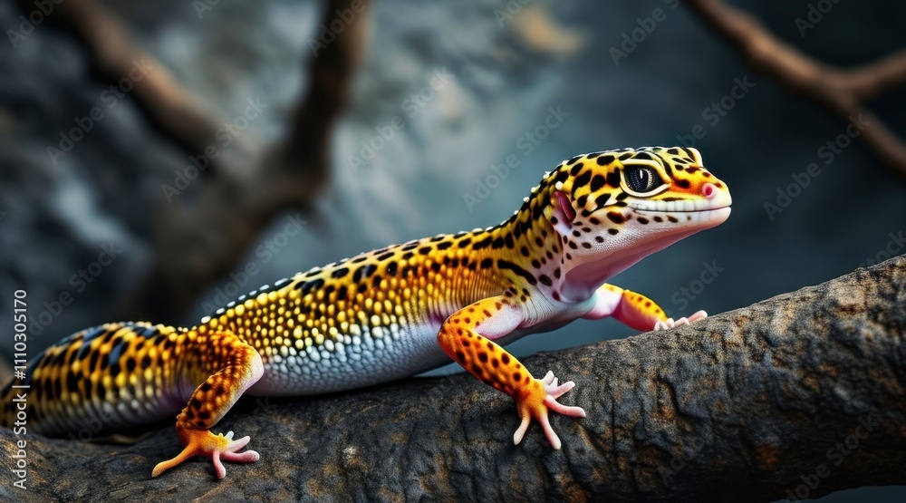 Leopard Gecko on Twigs: A Cinematic Nature Portrait Leopard Gecko on Twigs: A Cinematic Nature Portrait