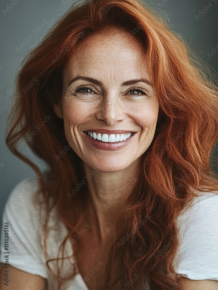 Fototapeta premium Portrait of smiling mature woman looking at camera with big grin. Successful middle aged woman at home smiling. Beautiful mid adult lady with long red hair enjoying whitening teeth treatment.