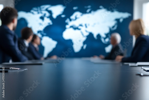 Geopolitical decisions and agreements. People in suits decide global issues. World map on photo