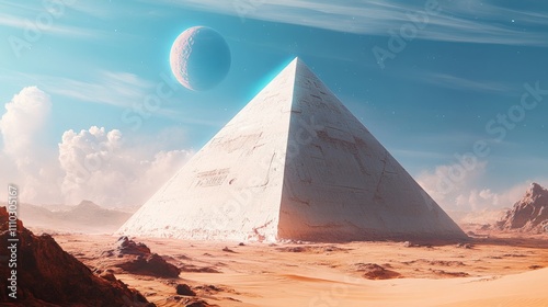 A surreal white pyramid sits in the middle of a barren desert under a bright sky with dual planets. The image blends elements of science fiction and ancient architecture. AI generated. photo