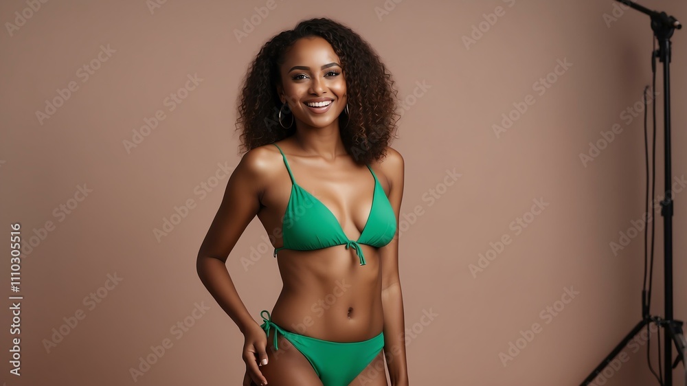 A confident ethiopian woman in a stylish bikini swimsuit stands in a studio, smiling at the camera with copy space A confident ethiopian woman in a stylish bikini swimsuit stands in a studio, smiling at the camera with copy space