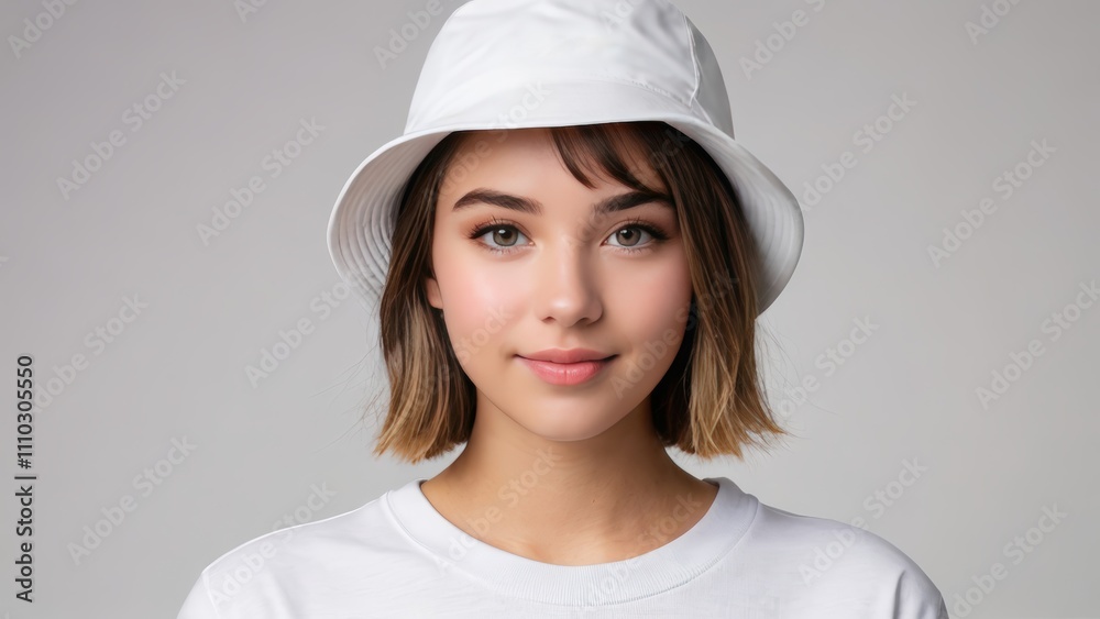 Teenage girl with short hair wearing white t-shirt and white bucket hat isolated on grey background Teenage girl with short hair wearing white t-shirt and white bucket hat isolated on grey background
