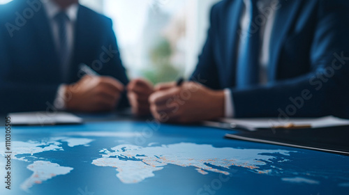 Geopolitical decisions and agreements. People in suits decide global issues. World map on photo