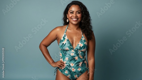 A confident fijian woman in a stylish bikini swimsuit stands in a studio, smiling at the camera with copy space photo