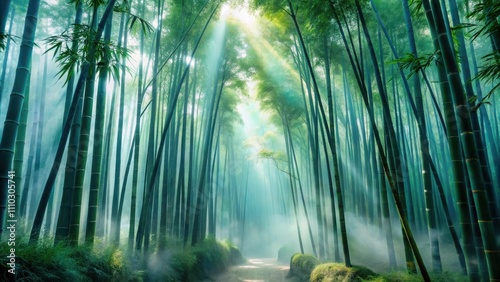 A misty bamboo forest bathed in sunlight, with tall, slender stalks creating a path leading into the heart of the woods