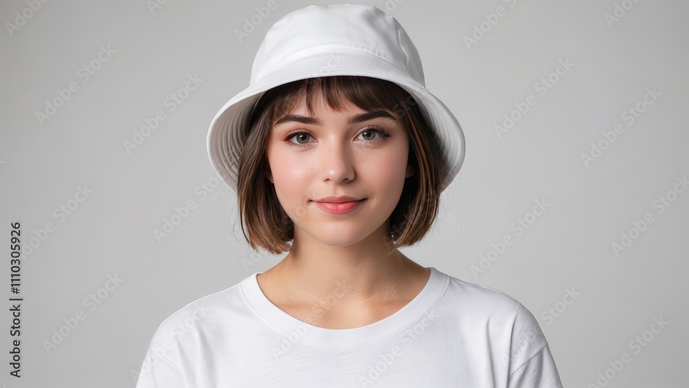 Teenage girl with short hair wearing white t-shirt and white bucket hat isolated on grey background Teenage girl with short hair wearing white t-shirt and white bucket hat isolated on grey background