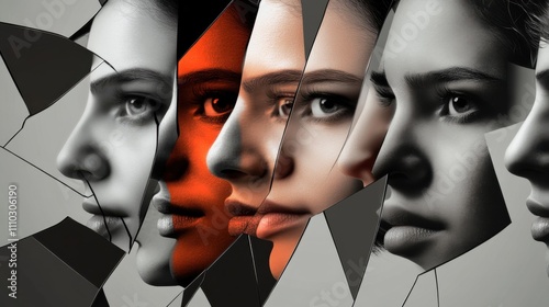 Gender inequality represented by a fragmented mirror with an uneven reflection of diverse faces, Emphasizing the disparity and challenges faced by different genders, minimalist style