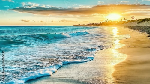 Travel image with a beautiful beach with soft waves and the sun in the background between the clouds