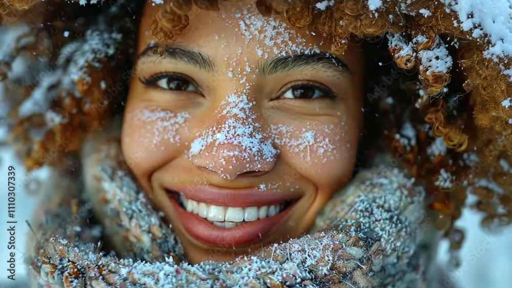 Smiling woman enjoys a snowy winter day surrounded by frost and softness in a serene outdoor setting Smiling woman enjoys a snowy winter day surrounded by frost and softness in a serene outdoor setting