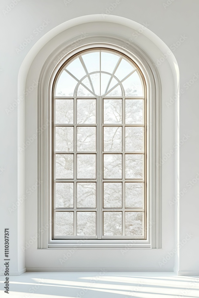 Arched window, white frame, snowy winter scene. Arched window, white frame, snowy winter scene.