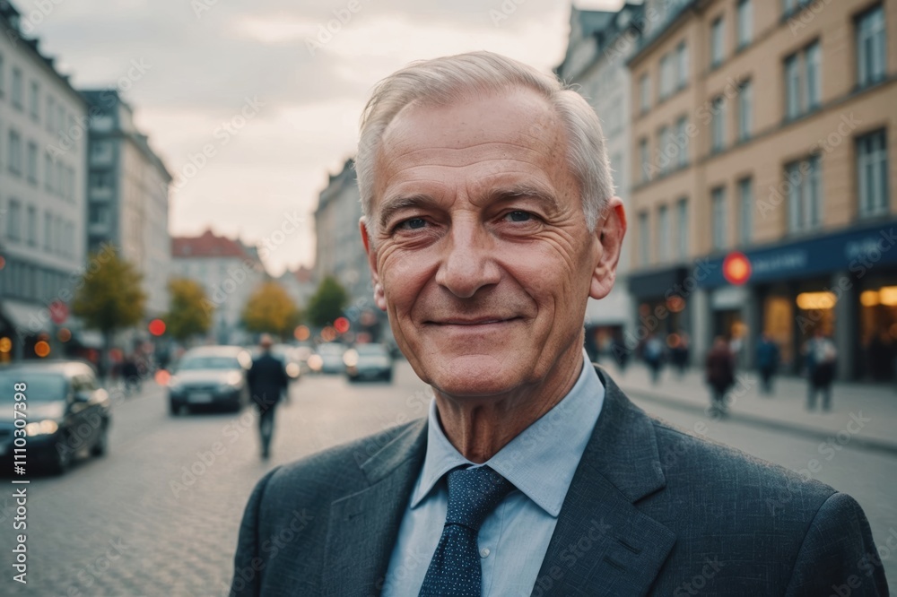 Close portrait of a smiling senior Polish businessman looking at the camera, Polish big city outdoors blurred background Close portrait of a smiling senior Polish businessman looking at the camera, Polish big city outdoors blurred background