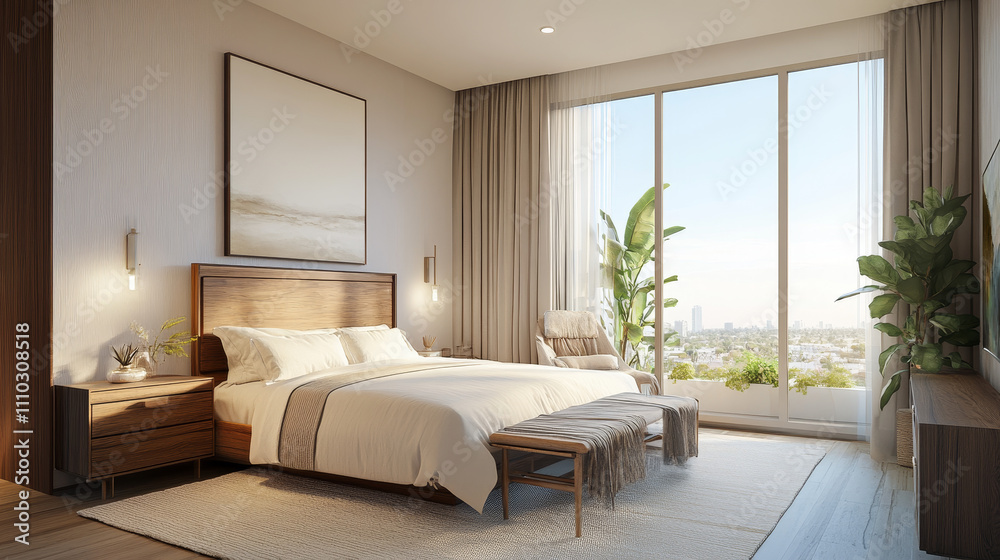 A 3D rendering of a modern bedroom with a minimalist design. The space features warm wooden furniture, including a cozy bed with soft, neutral-colored bedding
A 3D rendering of a modern bedroom with a minimalist design. The space features warm wooden furniture, including a cozy bed with soft, neutral-colored bedding