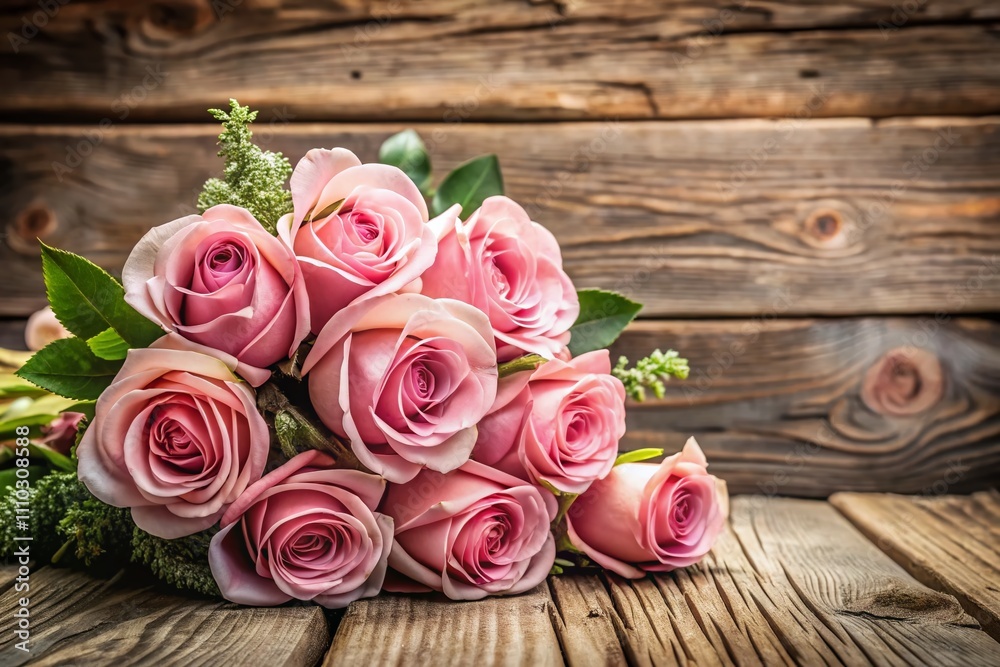 Elegant Pink Roses Bouquet on Ash and Oak Wooden Planks Background with Copy Space for Beautiful Floral Arrangements, Weddings, and Celebrations Elegant Pink Roses Bouquet on Ash and Oak Wooden Planks Background with Copy Space for Beautiful Floral Arrangements, Weddings, and Celebrations