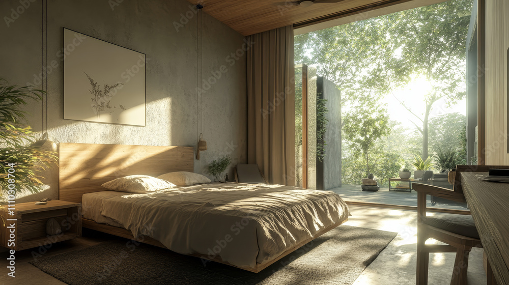A 3D rendering of a modern bedroom with a minimalist design. The space features warm wooden furniture, including a cozy bed with soft, neutral-colored bedding
A 3D rendering of a modern bedroom with a minimalist design. The space features warm wooden furniture, including a cozy bed with soft, neutral-colored bedding
