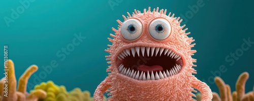 A round, multieyed bacterium with a jagged smile and slimy tentacles reaching out aggressively photo