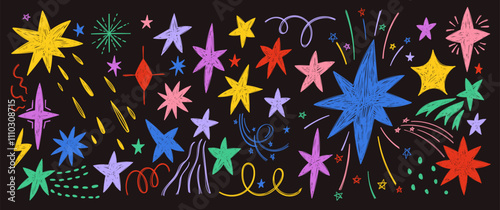 Doodle set of star glitter shine with blink, spark and twinkle. Hand drawn colorful vector illustration on a black background.