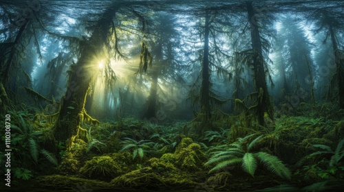 Fascinating light filters through dense forest canopy in a misty wilderness