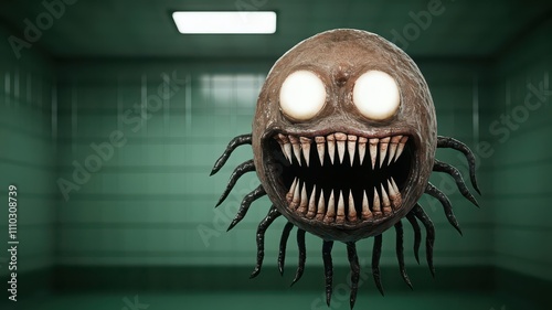 A wildeyed germ with electrified tentacles and a toothy grin, looking aggressively at the viewer