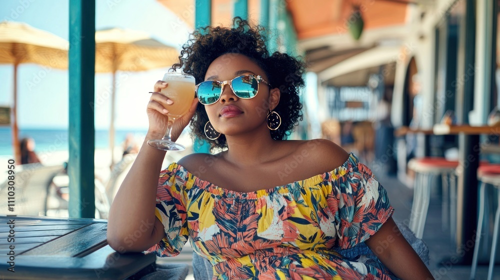 A woman sitting at a beachside café, sipping a cocktail and wearing fashionable sunglasses that complement her summer dress. A woman sitting at a beachside café, sipping a cocktail and wearing fashionable sunglasses that complement her summer dress.
