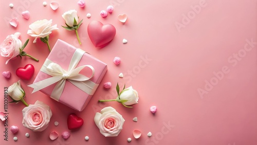 A pink gift box with a white ribbon surrounded by pink and white roses, hearts, and candy on a pale pink background.