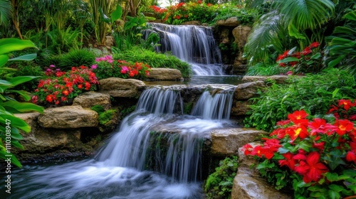 Beautiful cascading waterfall surrounded by vibrant flowers in a lush garden setting during daylight