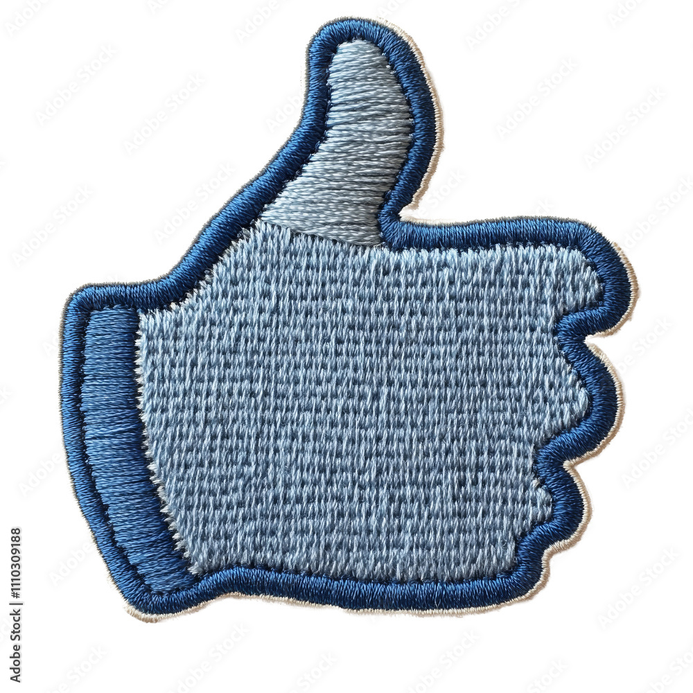 Embroidered fabric patch featuring a thumbs up symbol in blue and gray tones
