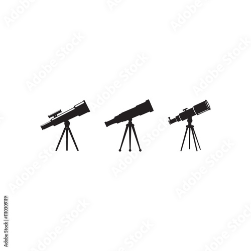 telescope magnification spyglass monocular tripod equipment optical  instrument icon collection set silhouette vector art flat design