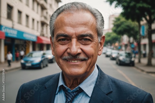 Close portrait of a smiling senior Salvadoran businessman looking at the camera, Salvadoran big city outdoors blurred background