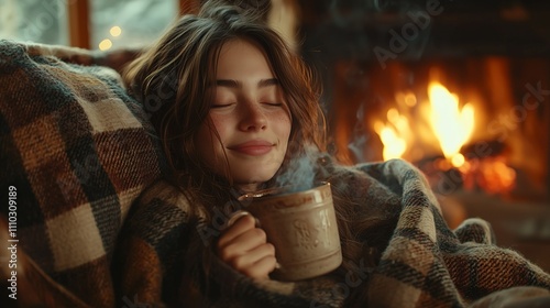A charming young woman enveloped in a warm, vintage plaid blanket, overstuffed armchair beside a cozy fireplace. Her cradling a steaming ceramic mug of coffee in her hands.