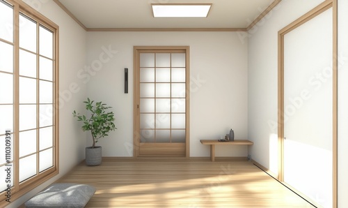 Wallpaper Mural Minimalist room, wood floors, sliding door, plant. Torontodigital.ca