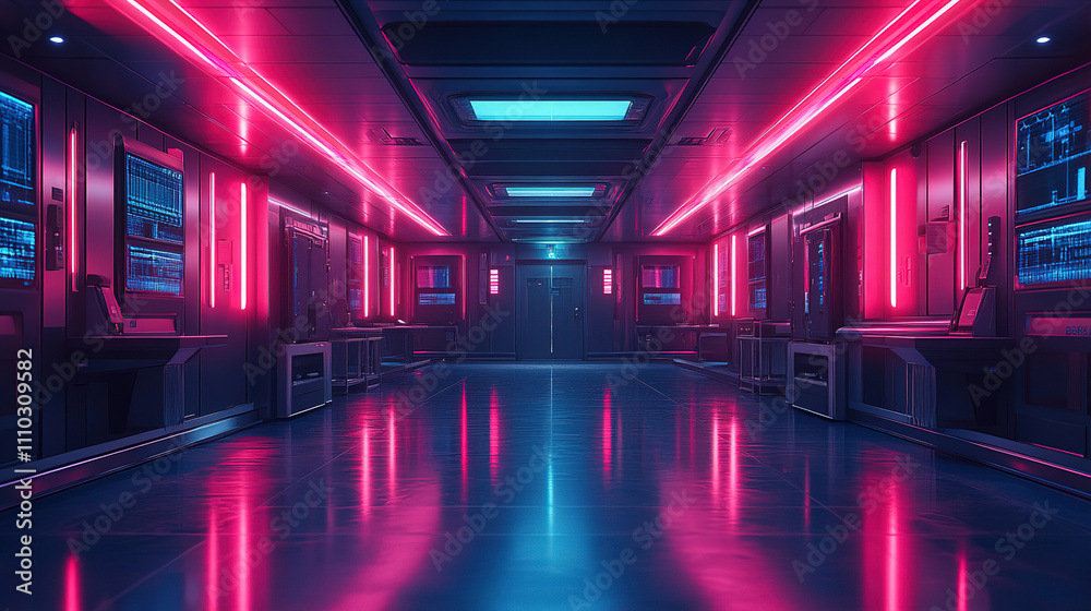 Futuristic hallway illuminated by neon lights in a high-tech facility. Generative AI Futuristic hallway illuminated by neon lights in a high-tech facility. Generative AI