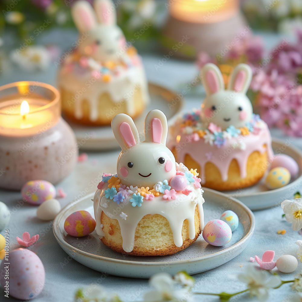 Mini Easter cakes with bunny-shaped sugar decorations and pastel icing on ceramic plates, surrounded by sprinkles, edible flowers, and candlelight for a festive ambiance. Mini Easter cakes with bunny-shaped sugar decorations and pastel icing on ceramic plates, surrounded by sprinkles, edible flowers, and candlelight for a festive ambiance.