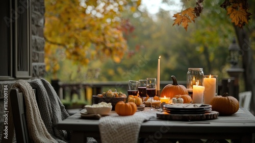 A family gathered around a table enjoying a fall meal, all wearing cozy knit sweaters and scarves, with pumpkins and candles around them. photo