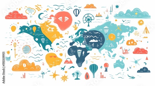Colorful Hand-Drawn World Map Illustration Featuring Various Travel Icons, Nature Elements, and Fun Symbols for Adventure Lovers and World Explorers