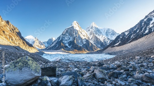 Stunning view of snow-capped peaks and a glacier in a serene mountain landscape during the golden hour