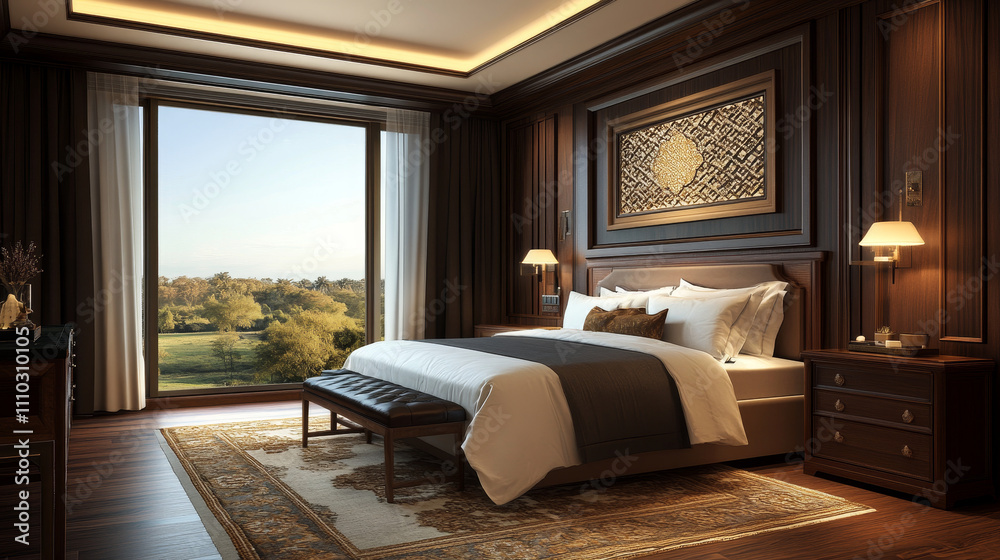 The corner view of the hotel bedroom interior offers a cozy, elegant atmosphere, designed for relaxation and comfort. The corner view of the hotel bedroom interior offers a cozy, elegant atmosphere, designed for relaxation and comfort.