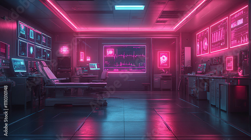 High-tech medical lab illuminated with neon pink lights showcasing advanced equipment and screens in a futuristic setting. Generative AI