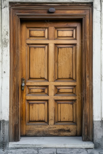 Ornate wooden door, stone frame, worn finish.