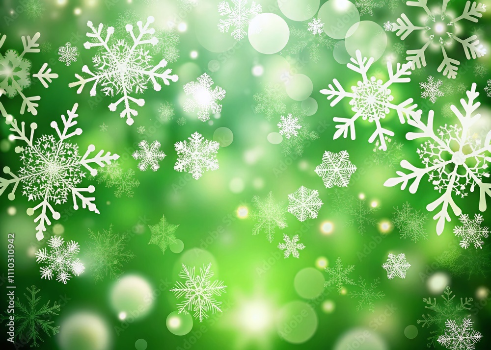 Elegant White Snowflakes on a Rich Green Background with a Soft Bokeh Effect for Seasonal and Holiday Themes Elegant White Snowflakes on a Rich Green Background with a Soft Bokeh Effect for Seasonal and Holiday Themes