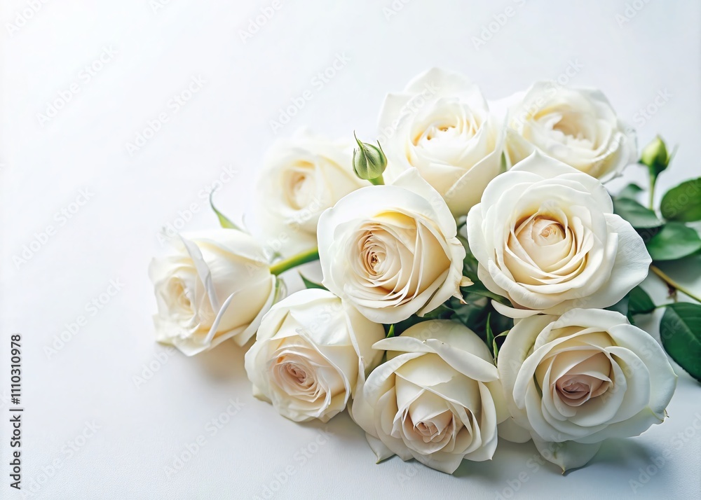 Elegant White Roses on a Soft White Background with Ample Copy Space for Text or Graphic Overlay, Perfect for Floral Themes and Minimalist Designs Elegant White Roses on a Soft White Background with Ample Copy Space for Text or Graphic Overlay, Perfect for Floral Themes and Minimalist Designs