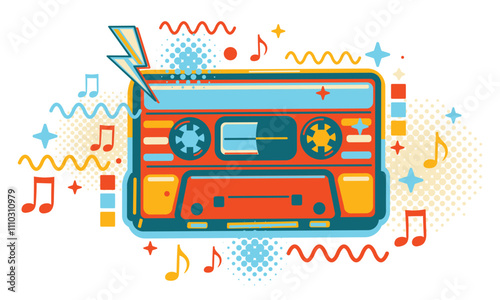 Colorful musical audio cassette and notes funky music design