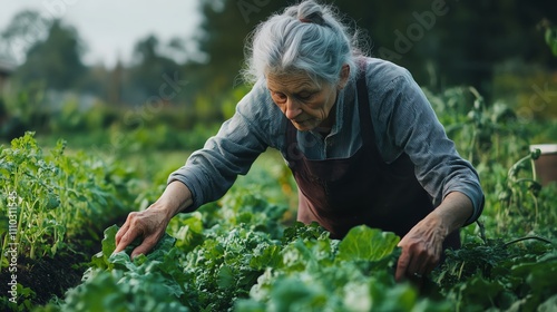 Working in the vegetable patch promotes her physical and mental healththe style of a real photograph photo