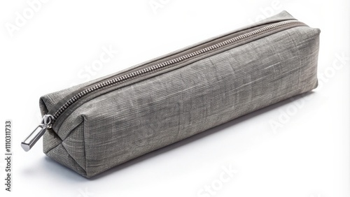 A simple, gray fabric zippered pencil case for storing and organizing writing implements photo