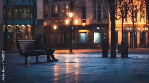 Urban isolation captured in a deserted city square at dawn, Reflecting the alienation in modern society, photography style