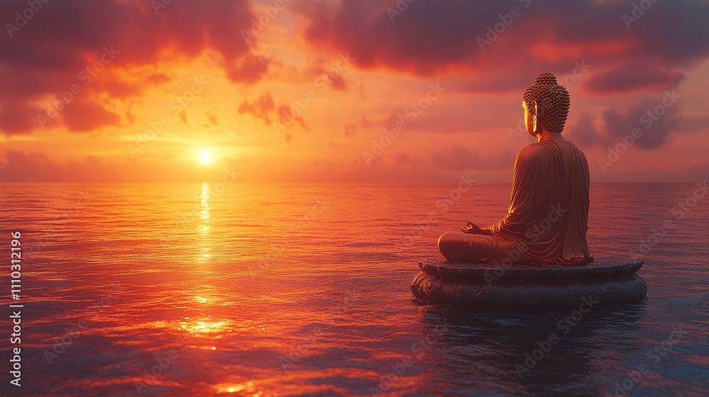 Serene Buddha statue meditating on a lotus flower at sunset over calm ocean water. Serene Buddha statue meditating on a lotus flower at sunset over calm ocean water.